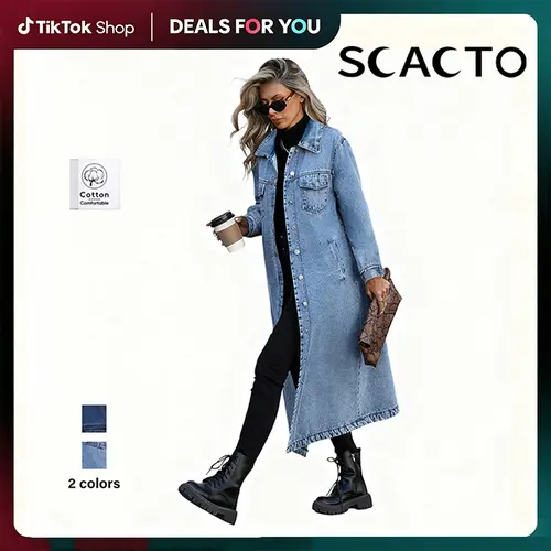 [Pre-Order] SCACTO Women's Collared Button-Front Cotton-Blend Denim Trench Coat - Long Sleeve, Elevated Style Outerwear, Standard Sizes Including 2XL for Casual Outfits & Everyday Use,sohochic
