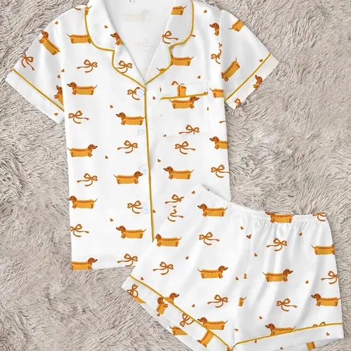 Quirky Wiener Dog & Bow Print 2-Piece Pajama Set for Women, Cute Dachshund Pattern Button-Up Short Sleeve Top & Shorts, Summer Lounge Set, Fun Pet Lover Gift, Loungewear Sets