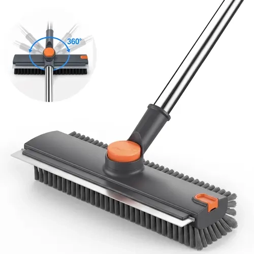 Floor Scrub Brush with Long Handle, 3-in-1 Heavy Duty Stiff Bristle Scrubber & Scraper for Bathroom, Shower, Tile, Patio, Garage, Kitchen Cleaning