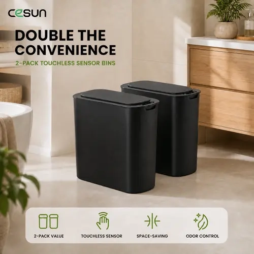 Cesun 2pc Touch-Free Open Bathroom Gadget - 2.6 Gal Motion Sensor Trash Can with Lid, Slim Profile Plastic Wastebasket for Home Users, Requires 2 AA Batteries (Ideal for Bathroom, Office), 2.6 Gallon, Automatic,sohochic