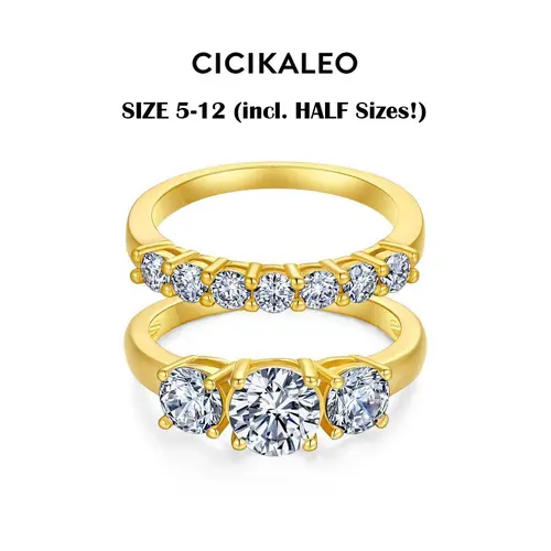 CICIKALEO 3-Stone Moissanite Rings for Women Stackable Sets Lab-Created 18K Gold 1CT Plated Wedding Band Engagement Promise Gift for Her R1 #Summervibes