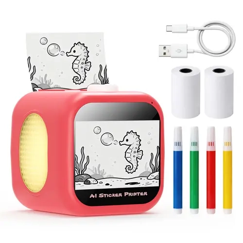 FUNNYPANDA AI Voice Powered Mini Sticker Maker for Kids Age 3+ - Portable Size Screen-Free Thermal Inkless Printer with 2 Thermal Printer Paper Rolls, 4 Colored Pencils - Kid-Safe, No App Needed, summerwins