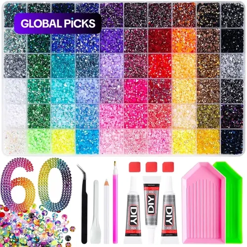 1-Box 60-Color 3 mm Trendy Nail-Bedazzling Rhinestones Kit, AB Iridescent Crystal Rhinestones, Semi-Circular Flat-Back Resin Diamond Decorations for DIY Nails, Birthday and Holiday Ornaments, Nail Art Supplies, Nail Art Products #GLOBAL PICKS