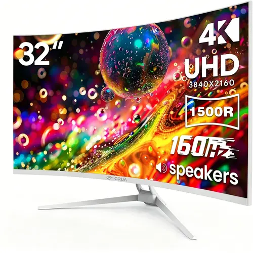 CRUA 32" White Curved Monitor, 4K UHD(3840*2160P) 1500R VA Screen, 160Hz Computer Monitor Supports AMD Freesync, 120% sRGB, Built-in speakers, Blue Light Filter,Wall Mountable Installs(HDMI 2.0/DP 1.4)