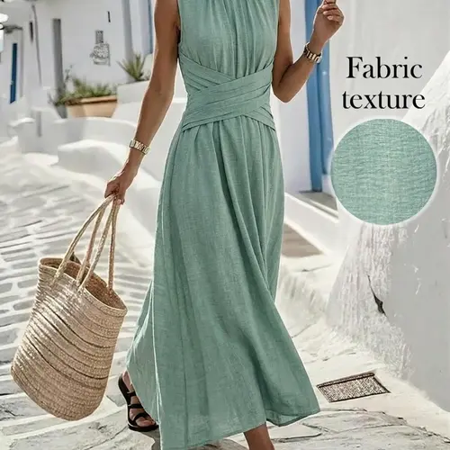 Women's Fashion Sleeveless Dress, Slim Fit Elegant Long Dress, Waist Cross Design, Casual Dresses, Suitable for Vacation and Daily Wear, Casual Comfortable