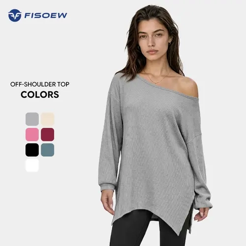 Fisoew Fashion Women's Off The Shoulder Ribbed Tunic Top, Asymmetrical Neck Long Sleeve Oversized Loose Casual Sweater Shirt