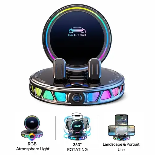 Auto-Clamping Wireless Charger Phone Holder - Car Gadgets with 360° Rotatable Design, Anti-Shake Hold, LED Color Changing Lights, Dashboard Suction Base for iPhone 17 16 15 Pro Max & Android, Premium Car Gift