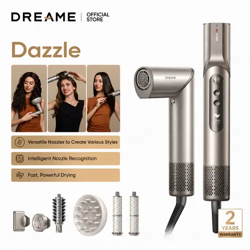 DREAME Dazzle Ionic Hair Dryer, Salon Blow Dryer for Fast Drying and Styling with 110,000RPM Motor, 5 Snap-on Attachments & Smart Screen, Salon Hair Dryer