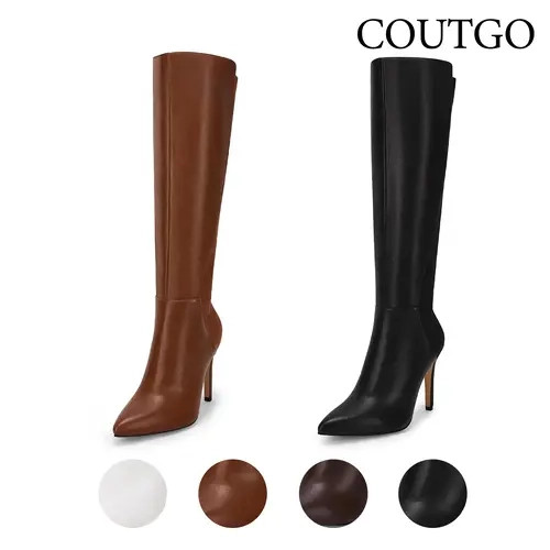 Coutgo Women's Knee-High Heels, Sexy Pointed Toe Stiletto Faux Leather Dress Boots with Secure Zip Closure, Breathable Lightweight Minimalist Footwear Fashion, Plain Synthetic Rubber Mid-Calf Casual All-Season Shoes, Stilettos,sohochic