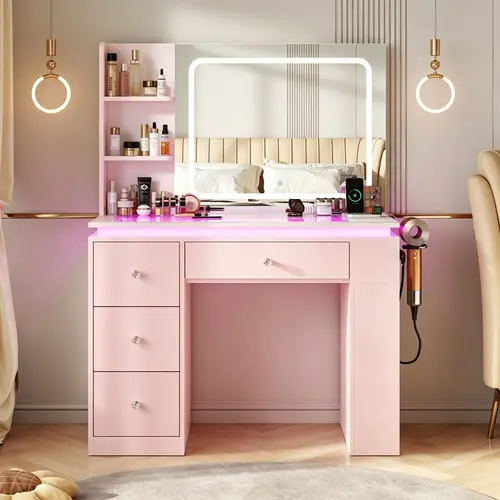 CollaredEagle Sturdy Lighted Makeup Vanity Desk with RGB Lights, Glass Top, Power Outlet, Spacious Storage Drawers, Adjustable Brightness, Flame-Retardant Foam Fabric & Multiple Colors for Bedroom Makeup Organization, Outlet + Usb + Type‑C