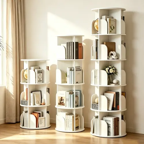 Sweetcrispy 3/4/5-Tier PVC Plastic 360° Rotating Floor Standing Corner Bookshelf - 25+kg Per Tier, Layered Slots, Damp-Cloth Clean, Storage Organization, Room Decor, Apartment Furniture for Small Spaces