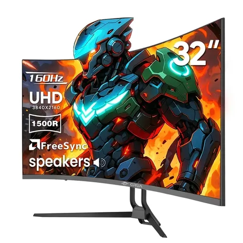 32" Black CRUA 4K Curved Computer Monitor, 1500R 160Hz VA Display, AMD FreeSync, Built-in Audio, HDMI2.1 DP1.4 Wall Mount Monitor for Home Office & Daily Entertainment