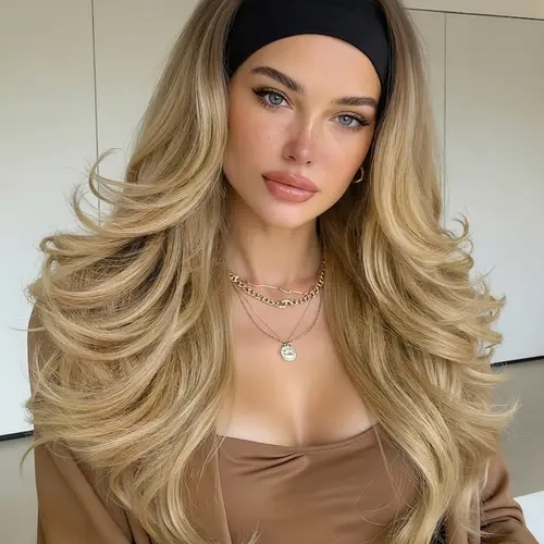 Ombre Blonde Body Wavy Headband Wig, 22 Inch Body Wave Wig for Women, Synthetic Wear and Go Glueless Dark Roots, Soft Lightweight Natural Looking Easy Wear