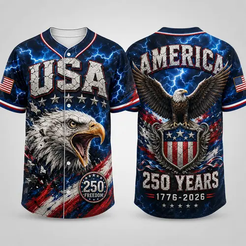 Men's Sporty Chic Short-Sleeve Button-Down Fashion Jerseys - Sports Top, Patriotic Eagle, Stars & Flag Accents, 2026 USA 250 Inspired Game Day Outfits for July 4th Events