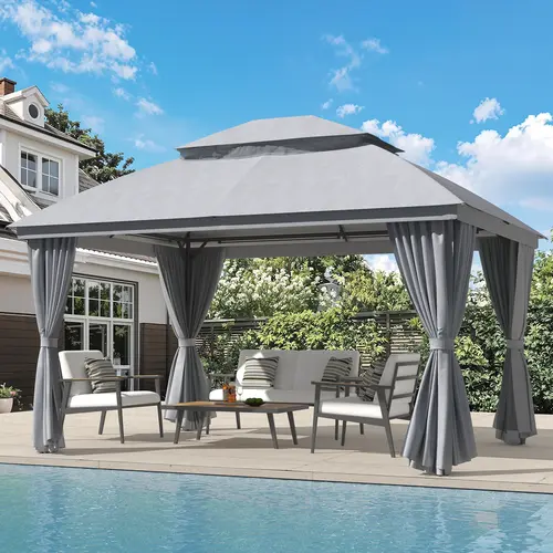 Onbrill 10×13 FT Sturdy Steel Iron Gazebo - Heavy-Duty Metal Frame Double Roof Outdoor Shade Solutions, Mosquito Netting, Easy-Gliding Curtains, Stakes, Requires Assembly, Wind Ventilation Cover for Backyard, Lawn Use