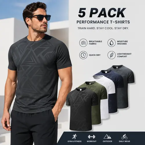 Mr.Pink Men's 5-Pack Fitted Round Neck Activewear Tee - Running, Gym Workout Short Sleeve Shirts with Moisture Wicking, Quick Dry Casual Athletic Tops