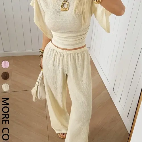 Women's Ruched Textured-Waist T-Shirt & Long Pants Set, Going out Sets, Casual Chic Summer Outfit for Vacation & Tea Parties