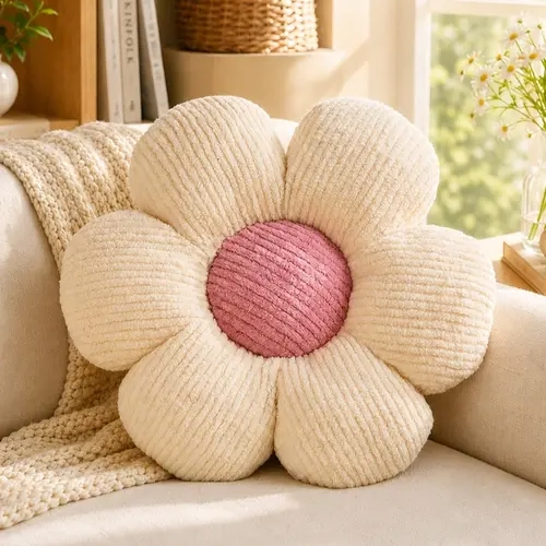 Daisy Flower Shaped Decorative Throw Pillow, Corduroy, Cute Pastel Room Decor Cushion, All-Season Home Gift, Floral Sofa Cushion