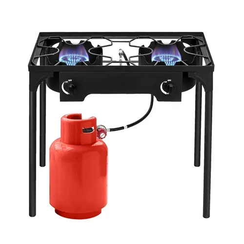 150,000 BTU Freestanding Cast Iron Dual-Burner Propane Stove - High-Power Outdoor Camping Cooker with Removable Legs, Temperature Control Knobs, Weather-Resistant Finish for Trucking, Tailgates