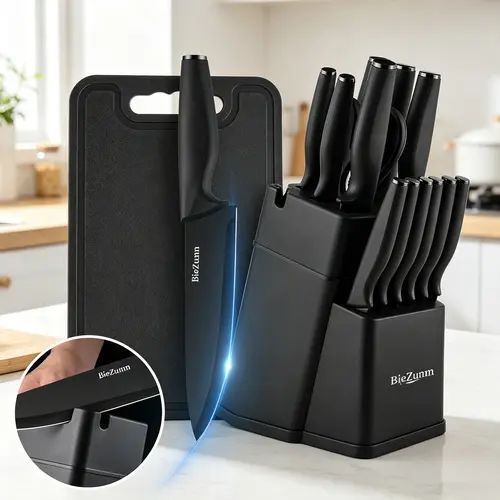Stainless Steel Non-Stick Black Knife Storage Box Set with Cutting Board, Ergonomic Knives Kitchen Set, Choose Size (3-Piece or 15-Piece), Home Cooking Supplies, Holiday Gift Option
