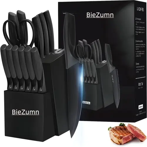 Premium 15+3 Stainless Steel Knives Kitchen Set with Knife Holder, Cutting Board for Prep, Nonstick Coating, Kitchen Supplies for Everyday All Cuts Use