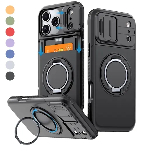 OREKROY For iPhone 17 Pro Max 17 Pro 17E Card Holder Wallet Case with Camera Lens Cover, 360° Rotating Ring Kickstand, Hybrid Dual-Layer Heavy Duty Shockproof Phone Cover for iPhone 12/13/14/15/16/17 Pro Max Plus