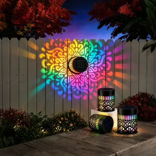 2 Pack Solar Mandala Projection Wall Lights, 7 Color Changing Waterproof Metal Outdoor Lights, Halloween Decorative Landscape Lighting for Garden, Yard, Patio, Fence & Backyard