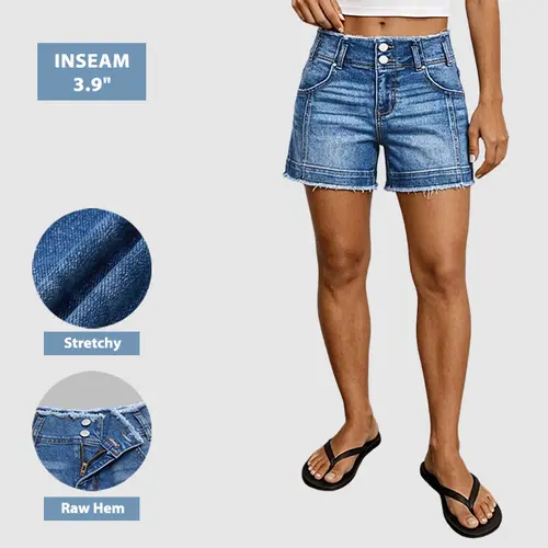 Flamingals Raw Hem Dual Button Mid Waist Denim Shorts Stretchy 3.9" Inseam
