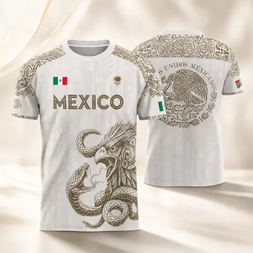 Mexico Jersey, Women's Mexico Jersey, Unisex White Gold Aztec Eagle Snake Graphic Short-Sleeve Athletic Shirt, Breathable Mexican National Team Style Tee, Heritage Fan Apparel for Match Day, Casual Streetwear Gift, Athletic Tops, Sportswear