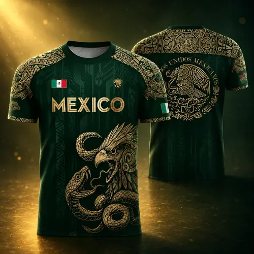 Unisex Mexico Graphic Sports Tee - Green Gold Heritage Look, Aztec Eagle Serpent Graphics, Gold Detail Shine, Mexico Flag Crew Neck, Short Sleeve, Cinco de Mayo Outfit, Soccer Fan Streetwear, Standard Sizes, Summer Casual Travel Gift