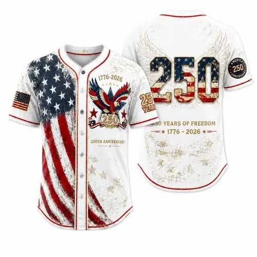 Unisex Button-Front Flag Baseball Jersey - USA 250th Anniversary Graphic, Distressed Print, Eagle Design, Lightweight Relaxed Fit, Veterans Apparel for 4th of July Barbecues, Sporty Chic