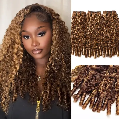 ISEE HAIR Highlight Burmese Curly Human Hair Bundles, Balayage Highlight Curly Hair Extensions, Soft Bouncy Double Weft Sew In Hair, Natural Volume Human Hair Weave, 100±5g/pc Unit Weight,#SoHoChic #TikTokShopBackToSchool