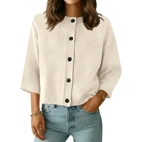 Saodimallsu Women's Basic Short Sleeve Knit Cardigan - Casual Lightweight Round Neck Button-Down Polyamide Knitwear, Stylish Women's Wear, Everyday Tops, Casual Wear Clothes for Summer,sohochic