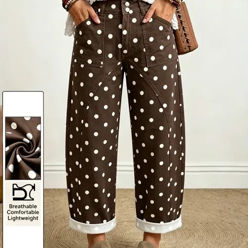 Women's Plus Size High Waist Wide Leg Denim Jeans, Fashion Casual Polka Dot Print Cropped Pants, Chic and Comfortable Fit All-Season Wear