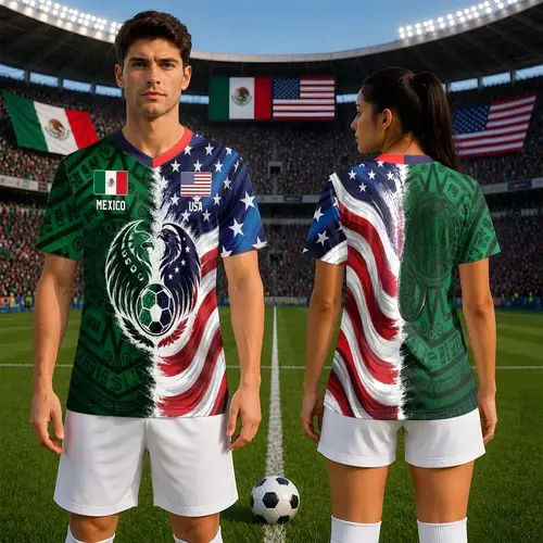 Full Half USA Half Mexico Flag Split Print Soccer Jersey, Binational Eagle Football Shirt, Game Day Outfit, Ideal Gift for Soccer Fans#MexicoUSASoccerJersey#BinationalFootballTop#SplitFlagSoccerShirt#GameDayOutfit#SoccerJersey