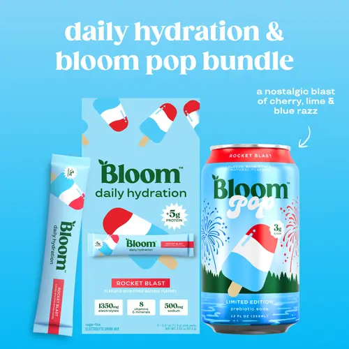Rocket Blast Bundle - Pop Rocket Blast Prebiotic Soda (12 Pack) + Daily Hydration Sticks Rocket Blast (5 Sticks) - 1350mg Electrolytes, 5g Protein, Gut Health, Sugar-Free, No Caffeine, Hydration & Recovery