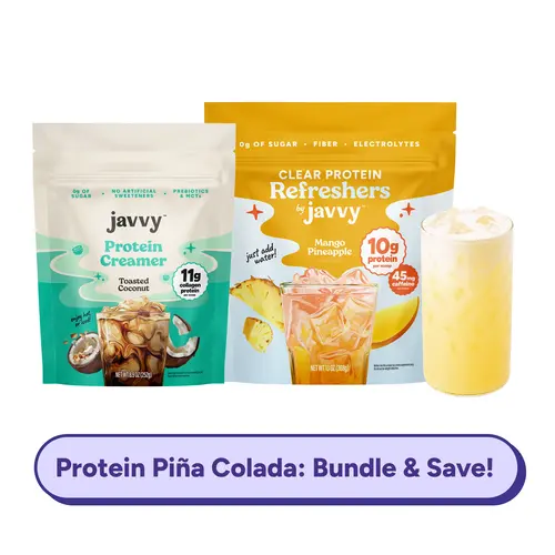 Javvy Protein Piña Colada TikTok Exclusive Bundle - Mango Pineapple Clear Protein Refresher + Toasted Coconut Collagen Protein Creamer - 10g + 14g Protein Collagen, with Caffeine, No added Sugar, Fiber, Electrolytes & MCTs, Naturally Flavored