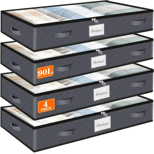 Under Bed Storage Bags 4 Pack, 90L Plain Space-Saving Soft Fabric Containers with Double Zipper, Breathable Organizer for Bedding, Seasonal Clothing, Storage Organization Essentials,sohochic