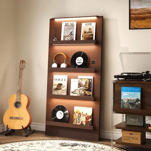 BROTTAR Vinyl Record Display Shelf, 63" Tall Vinyl Record Storage with 3-Color LED Lights & Motion Sensor, 4-Tier Record Holder for CD, DVD, Magazine, Display Stand for Living Room, Black/Brown