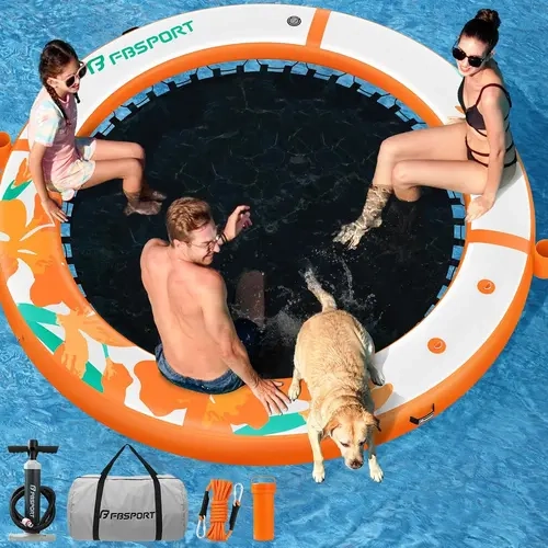 FBSPORT Round Floating Ring Inflatable Water Hammock, 8FT Floating Dock Sunchill Float Ring with Ladder, Heavy Duty PVC Adult Tanning Pool Platform for Lake & Pool