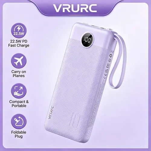 VRURC 10000mAh Portable Power Bank with 4 Built-in Cables, LED Display, Lavender Accessory - Mobile Charger for iPhone, Samsung, Compact Travel Battery Pack, EDC Gear, Multiple Device Charging Essential,sohochic