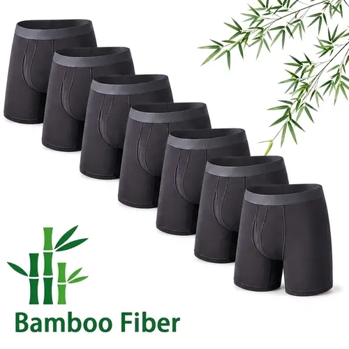 Men's 7-Pack Classic Bamboo Viscose Boxer Briefs - Seamless Plain Chic Long Leg Breathable Underwear, No-Ride-Up Fit, U-Shaped Convex Pouch, 7 Bonus Socks for Outdoor, Sports, Party, Preppy Use