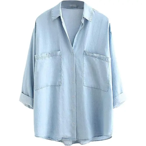 Yimoon Womens Denim Shirt 100%Lesse Blue Button Down Jean Shirts Denim Tencel 3/4 Sleeve Tops