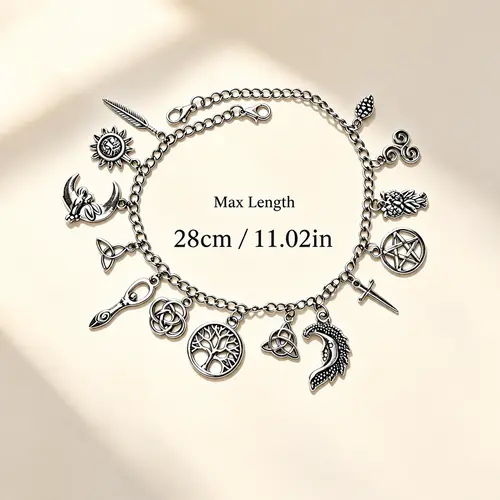 Women's Gothic Charm Bracelet - Vintage Witchcraft Aesthetic Jewelry with Celestial Moon, Pentagram Charms, Metal Coating, Double Clasp, Adjustable 2-in-1 Unisex Anklet Chain, Bracelet Jewelry for Casual Wear