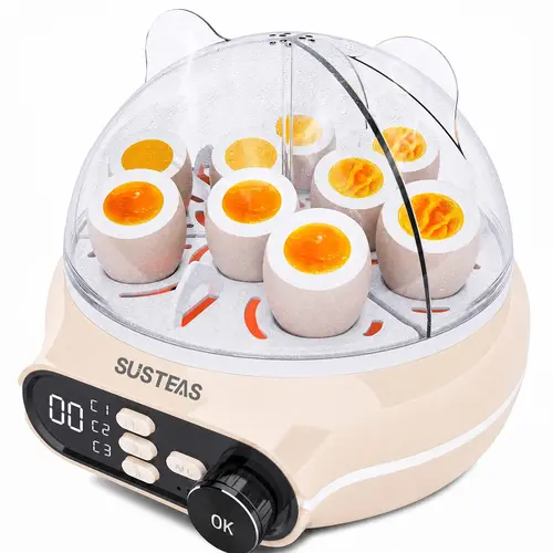SUSTEAS Countertop Egg Boiler - 3 Independent Cooking Zones, 9-Piece Large Capacity, Pre-Set Timing, Voice Reminder, Energy-Saving Design, Egg & Milk Pudding Tray, Versatile Doneness Settings for Family Breakfast, Countertop Egg Boilers, Hard Boiled Egg M