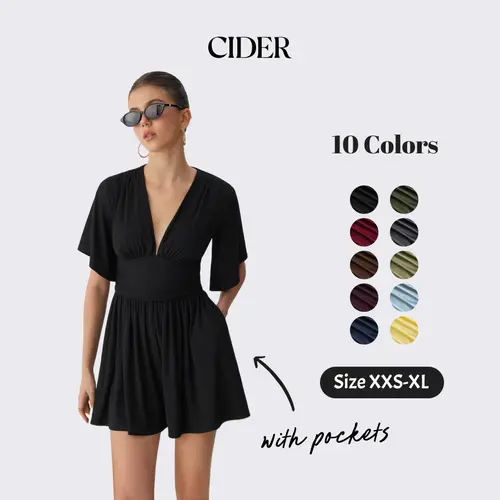 Cider Textured V-neck Ruched Mid Rise Bell Sleeve Ribbed Fabric Romper with Pockets Summer Womenswear Basic Minimalist Jumpsuit SohoChic