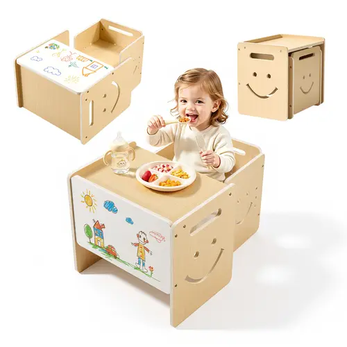 VEVOR Montessori Wooden Adjustable High Chair & Table Set, 3-Height Step Stool with Whiteboard for Toddlers 1-5, Easy to Clean for Eating & Drawing, Kids Furniture for Playroom, Bedrooms, Learning & Holidays, Kids Learning Materials#BacktoSchool,sohochic