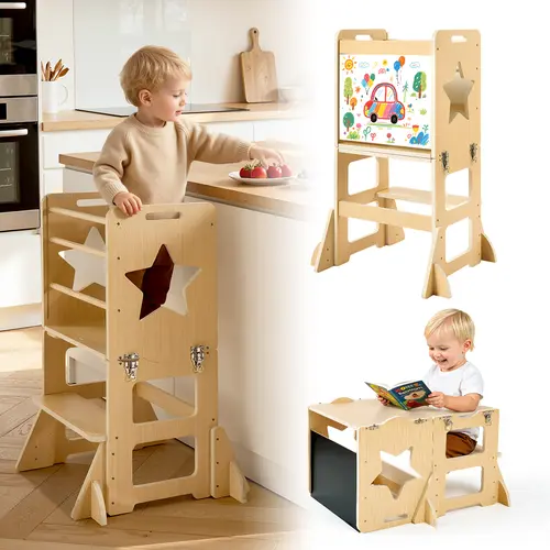 VEVOR 4-in-1 Poplar Plywood Montessori Toddler Tower Furniture Set, Sturdy Kitchen Step Stool with Convertible Uses, 1-5 Yrs Kids (132 lbs Capacity), Table & Chair Set with Chalkboard Sides & Double-Sided Drawing, Easy to Clean, Ideal for Holidays,sohochi