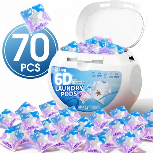 VacLife Laundry Detergent Capsules, 70pcs Lavender Purple 6-Chamber, 8X Deep Cleaning Power, Laundry Stain Eliminator, Stain Removal, Color-Brightening, 72H Long-Lasting Odor Elimination & Anti-Mite for Washing Machines