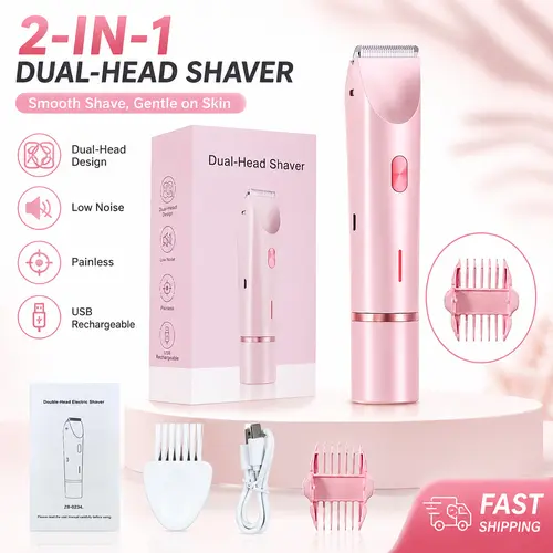 Bikini Trimmer for Women, Electric Shaver and Razor Rechargeable 2-in-1 Body and Facial Epilator, Dual Heads for Painless Trimming of Pubic Hair, Face, Underarms and Legs, IPX7 Waterproof.